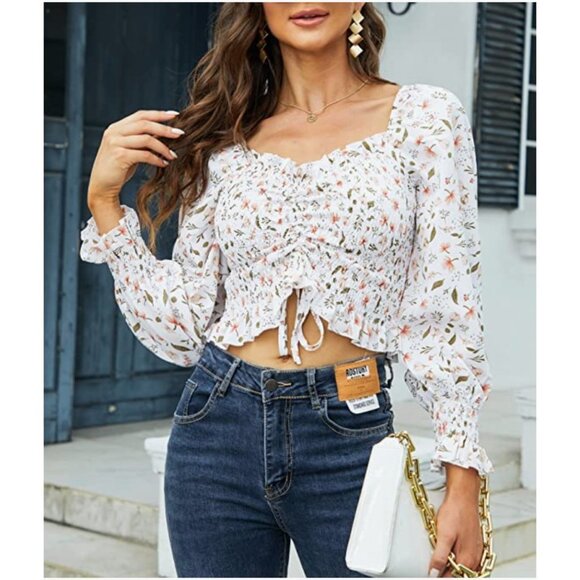 White Floral Print Ruched Long Sleeve Ruffle Frill Smocked Babydoll Crop Top - Picture 2 of 6